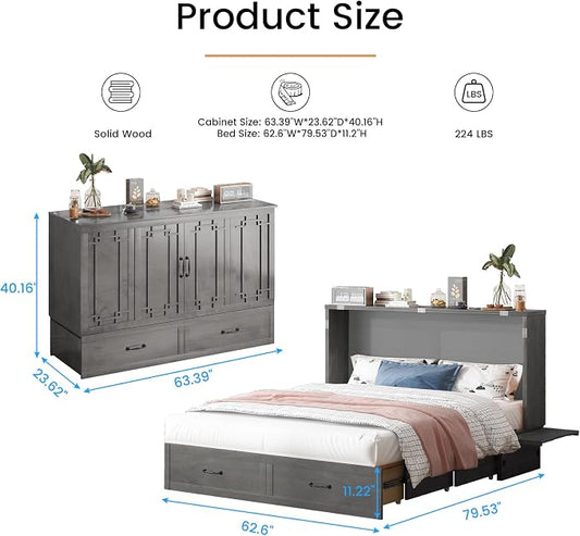 PUREMIND Queen Murphy Bed with Mattress Included, Murphy Cabinet Bed with Storage Drawer, Built-in Charging Station, Solid Wood Frame, Space-Saving Cabinet Beds for Small Spaces/Guest Room (Gray)