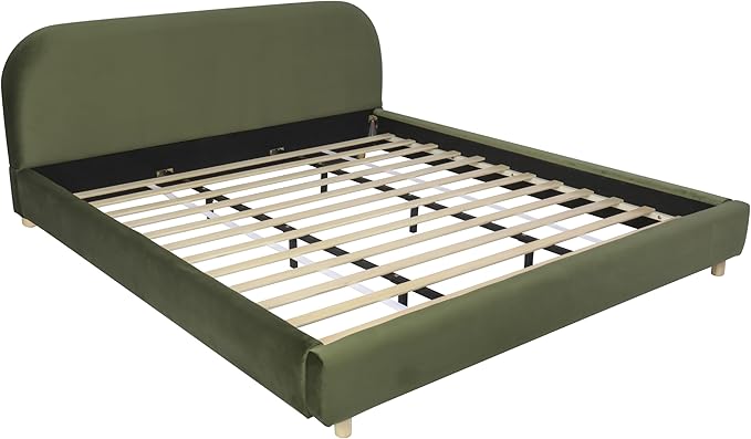 Merax King Size Teddy Fleece Thick Fabric Upholstered Platform Bed with Curved Shaped Headboard, Wood Bed Frame with Solid Round Legs for Kids Teens Adults, Olive Green