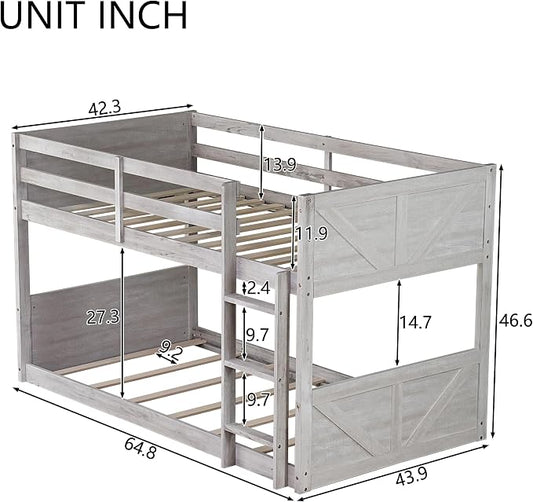 Twin Over Twin Floor Bunk Bed with Ladder,Rustic Rubber Wood Kids Beds with Panelled Headboard & Footboard,Safety Guardrails,Low-Profile Space-Saving Vintage Bunks for Children Bedroom,Antique White