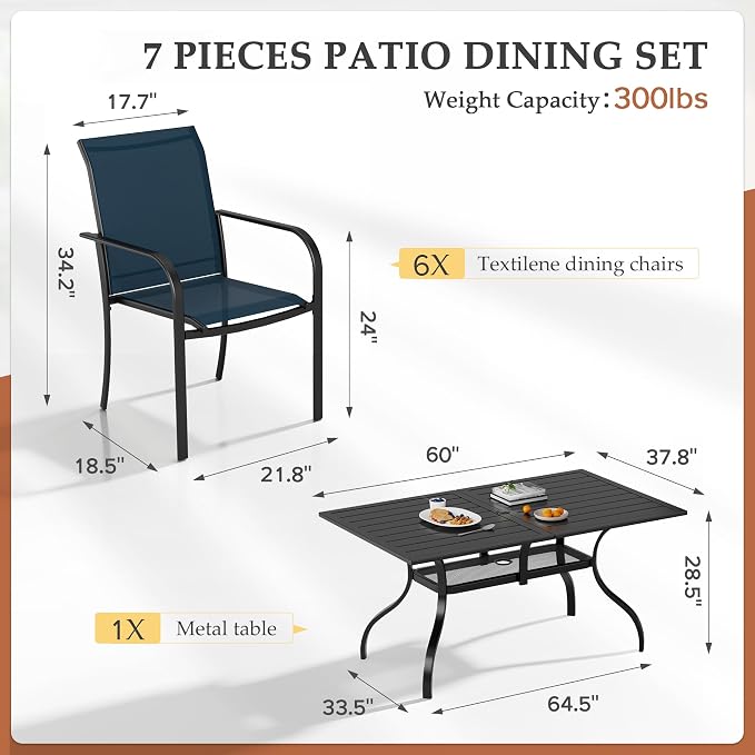 SUNCROWN 7 Pieces Outdoor Dining Set, Patio Furniture Set with 6 x Textilene Dinning Chairs and 1 Steel Slat Metal Bistro Table for Garden Lawn Backyard Deck (Dark Blue)