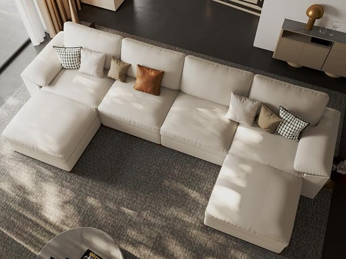 EASE MOOSE Oversized Leather Modular Sectional Sofa,Sectional Couch with Deep Seat,Extra Large U Shaped Couch,Faux Leather Material Sofa Modern Comfy Scratch Resistant,Beige