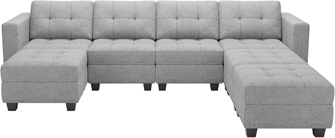 Belffin Modular Storage U-Shape Sectional Sofa Couch with Reversible Chaises 7-seat Sofa with Storage Seat Modular Sectional Sofa Set with Ottomans Modern Fabric Light Grey