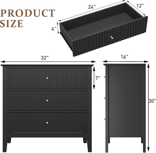 RoyalCraft 32" Large Nightstand, Fluted Painted Bedside Table with 3 Spacious Drawers, Modern Tall End Table for Bedroom, Black