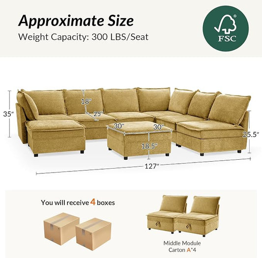 HULALA HOME Oversized Modular Sectional Sofa, 8 Seat U Shaped Couch with Storage Ottoman, Comfy Chenille Sofa with Deep Seat, Convertible Sectional Couches for Living Room, Cream