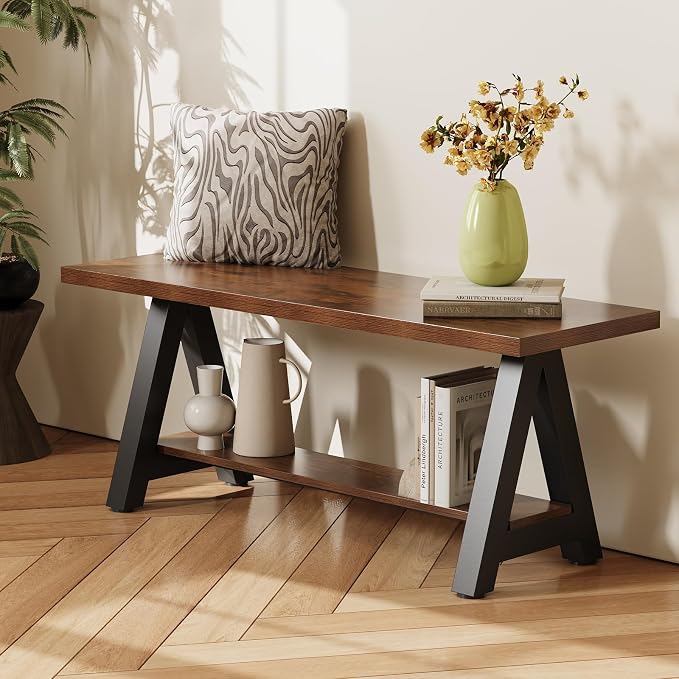 43" Farmhouse Wood Bench Industrial Entryway Bench Rustic Wood and Metal Shoe Storage Bench for Entryway, Living Room, Dining Room
