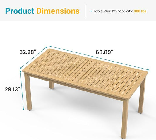 FansaFurn Acacia Outdoor Dining Table, 68"×32" Patio Dining Table with Umbrella Hole, All-Weather Solid Wood Outdoor Patio Table for Deck, Garden, Poolside, Lawn