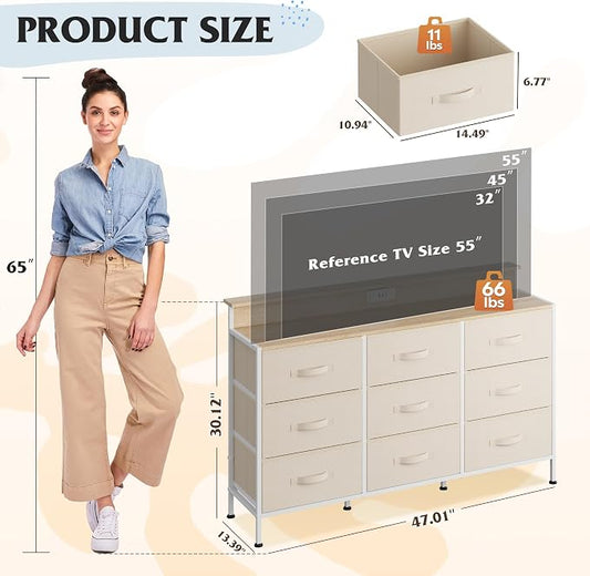 WLIVE Dresser TV Stand for 45, 50, 55 inch TV, Entertainment Center with LED Lights & Charging Station, Chest of Drawers with 9 Fabric Drawers for Living Room, Cream White