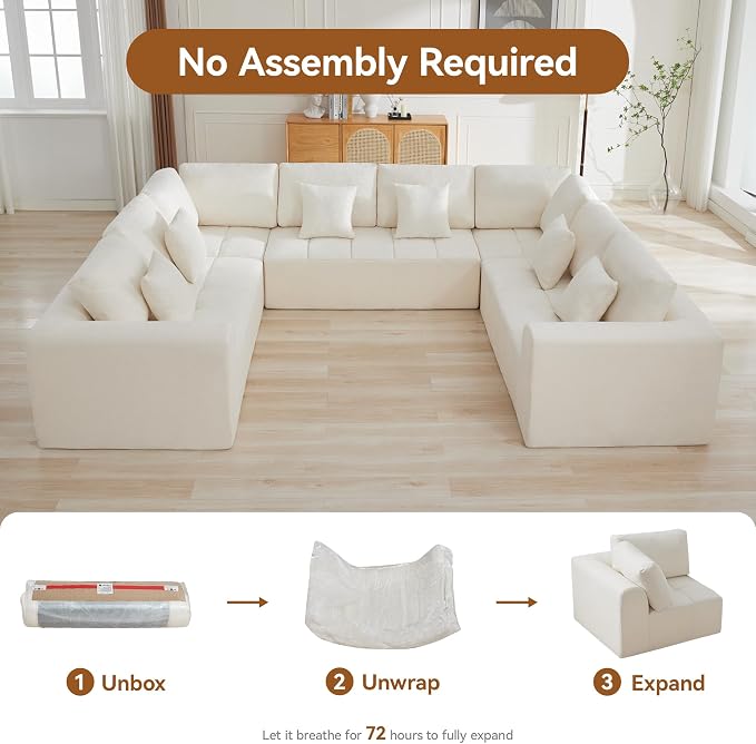 140''Modular Sectional Couches for Living Room, Cloud Boneless Compressed Sectional Sofa, Oversized U Shaped 8 Seater Upholstered Memory Foam Sofa, No Assembly, Chenille Beige