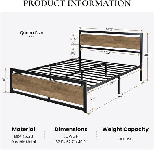 SHA CERLIN Heavy Duty Queen Size Bed Frame with Modern Headboard,Brown | Platform Metal Base with Square Footboard and 13 Strong Slats Support, No Box Spring Needed
