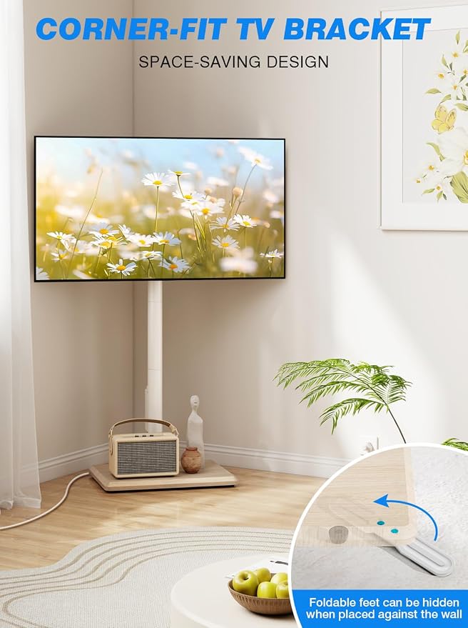 Rfiver Swivel Floor TV Stand with Power Outlet for 32-65 inch TVs, Height Adjustable Tall TV Stand with Wood Base, Hold Up to 88lbs, Saving Space Design for Bedroom, Living Room and Corner (White)