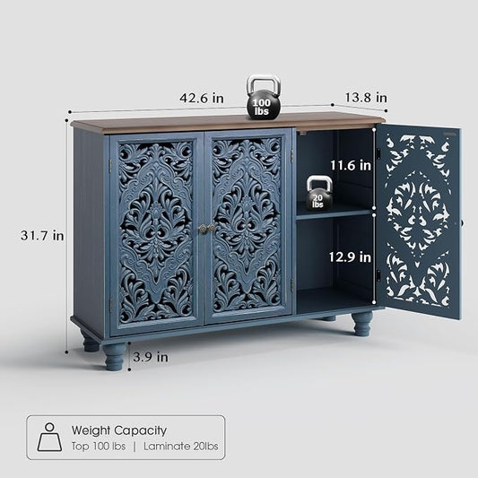 JOINICE 42.5" Accent Storage Cabinet with 3 Carved Doors,Blue & Walnut | Versatile Storage for Living Room & Dining Room & Bedroom & TV Stand, Solid Wood Legs, Farmhouse/Rustic Style, Easy Assembly