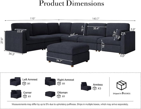 Oversized Modular Sectional Sofa V-Shaped Cloud Couches Blue | Large Deep Seat Couch for Living Room, 7-Seater Luxury Corner Sofa with Ottoman, Solid Wood Frame, Removable Washable Cover