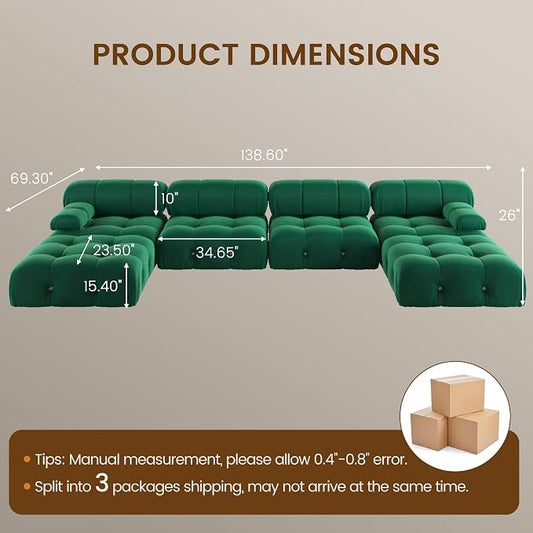 138" Convertible Modular Sectional Sofa, U-Shaped Velvet Sectional Couch with Chaise Ottomans, Minimalist Modern 6 Seat Sofas for Living Room Bedroom Office Apartment (Green)