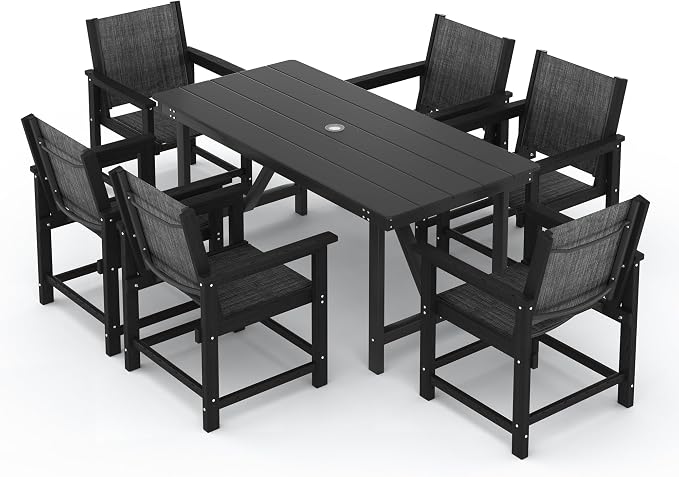 7 Piece HDPE Patio Dining Set, All-Weather Outdoor Table and Chair Sets with Umbrella Hole Outdoor Dining Table Sets of 6 Textilene Fabric Patio Chairs for Backyard, Poolside, Garden, Deck(Black)