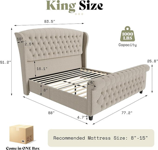AMERLIFE King Size Platform Bed Frame, Linen Upholstered Sleigh Bed with Scroll Wingback Headboard & Footboard/Button Tufted/No Box Spring Required/Khaki