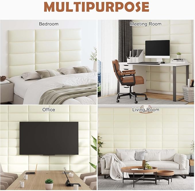 IFNOW Wall Mounted Upholstered Headboard King, 3D Peel and Stick Soundproof Wall Panels, Reusable and Removable Padded Headboard Leather Bed, 12 Panels 9.84" x 23.62", Beige