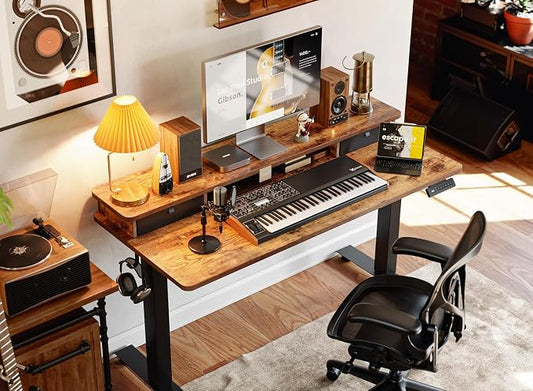 BANTI 63x28 Inch Electric Standing Desk with Dual Drawers, Stand Up Table with Storage, Adjustable Height, Deeper Wider Desktop, Black Frame/Rustic Brown Top
