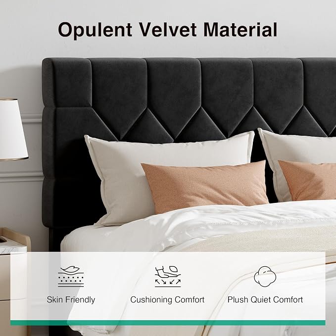 Novilla Full Size Bed Frame, Full Bed Frame with Headboard, Velvet Upholstered Pull-Point Headboard, No Box Spring Needed, Metal Support Heavy Duty Feet, Easy Assembly, Black Velvet