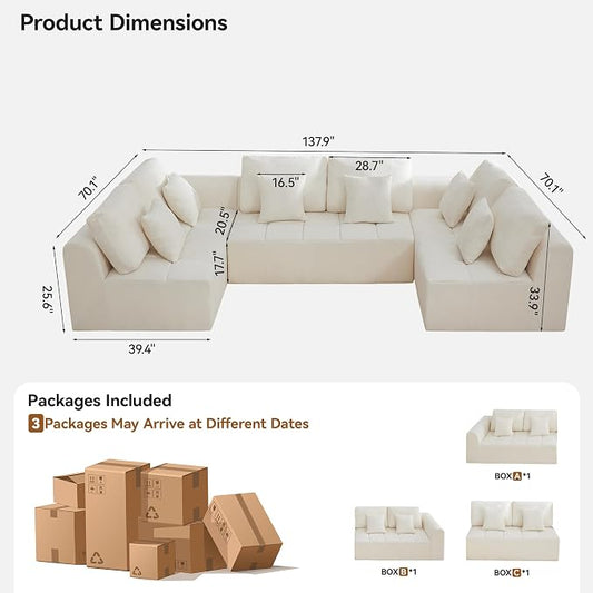 140''Modular Sectional Couches for Living Room, Cloud Boneless Compressed Sectional Sofa, Oversized U Shaped 6 Seater Upholstered Memory Foam Sofa, No Assembly, Chenille Beige