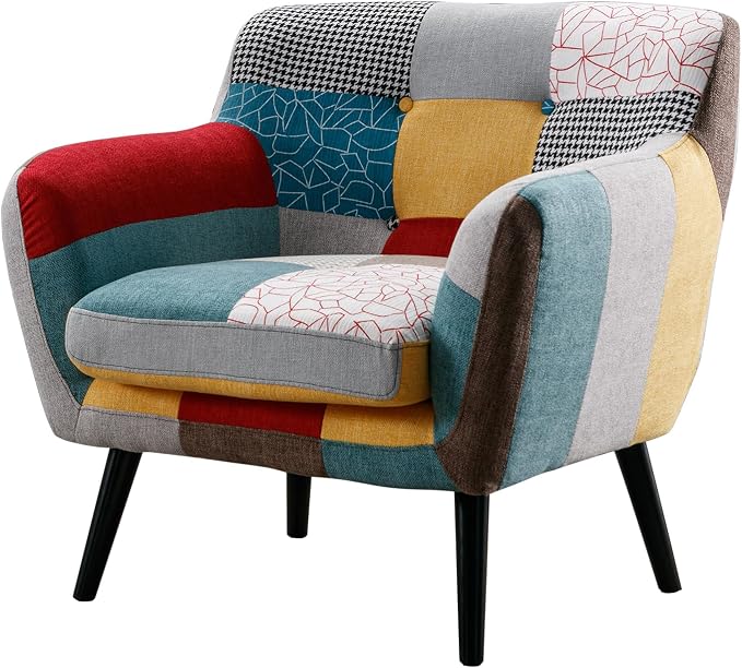 Bonzy Home Modern Oversized Accent Chair for Living Room, Colorful Boho Linen Fabric Upholstered Armchair with Wood Legs, Single Chair
