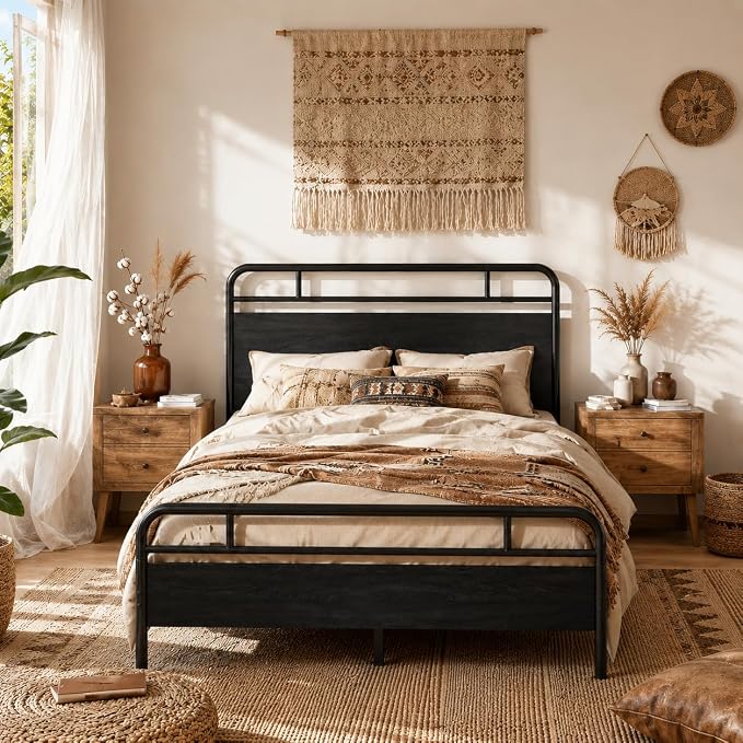 SHA CERLIN Queen Size Bed Frame with Vintage Industrial Wood Headboard, Heavy Duty Metal Platform, 12 Inch Under Bed Storage, Noise-Free, No Box Spring Needed, Easy Assembly, Black