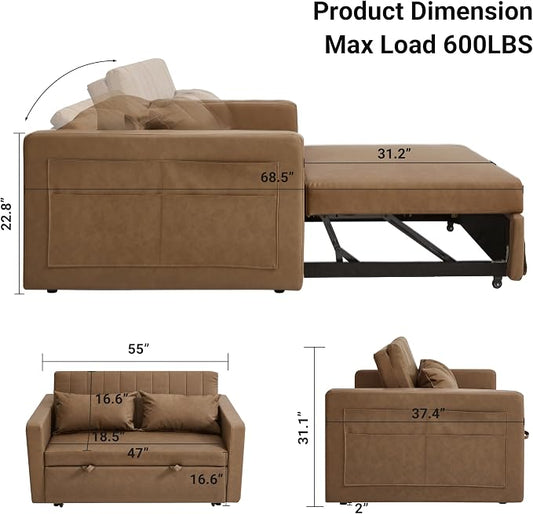 55'' Leather Sofa Bed, Pull Out Sleeper Sofa Couch Bed, Loveseat Sleeper, Futon Sofa Couch with Side Pocket, Convertible Sofa Bed for Living Room, Apartment, Bedroom, RV, Brown
