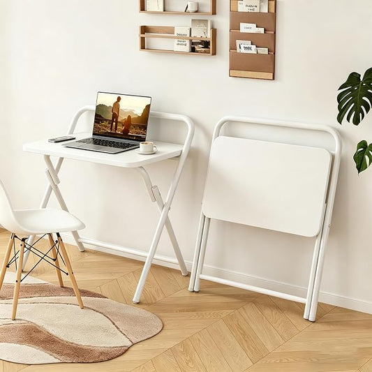 Folding Table, Small Computer Desk, Foldable Desk for Bedroom, Mini Desk for Home Office&Study, 24x16 Inches, No Assembly Required, Wood Top with Metal Frame, White