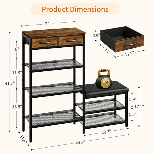 Shoe Rack Bench Shoe Rack for Entryway, Cushioned Entryway Shoe Storage with 2 Drawers & 5-Tier Organizer, Metal Frame Wood Top Narrow Space-Saving Hallway Organizer for Closet & Front Door