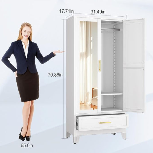 erosoei 71" H Metal Armoire Wardrobe Closet with Mirror,Household Steel Wardrobe Cabinet with Drawers,Clothing Storage Wardrobe Cabinet with Adjustable Shelves and Hanging Rod for Bedroom(White)