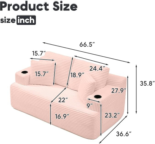 66.5'' Boneless Sofa Couch with Cup Holders & Side Pockets, Modern Corduroy Fabric Upholstered Loveseat Couch with 2 Throw Pillows for Living Room Office, No Assembly (Pink)
