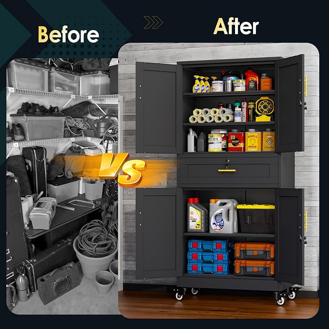 PAOFIN Metal Tall Storage Cabinet with Drawer, Garage Storage Cabinet with Locking Doors and 3 Adjustable Shelves, 71" H Steel Cabinets for Garage, Home, Office, Black, Assembly Required