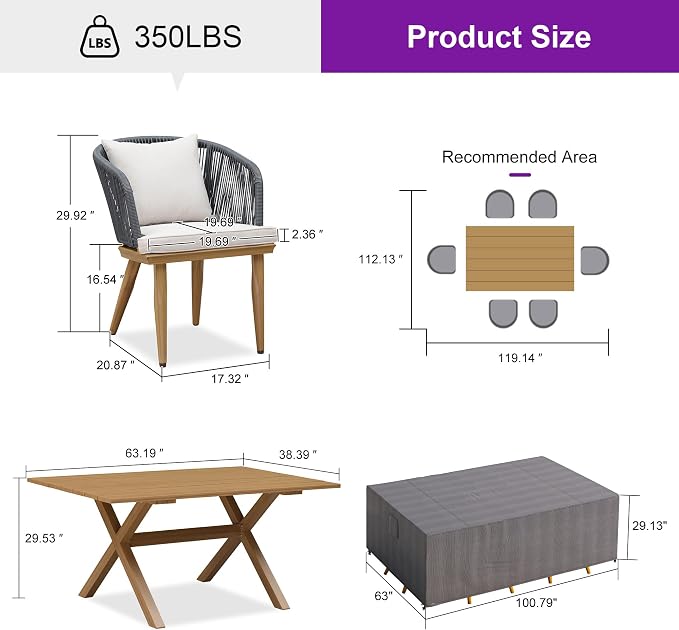 PURPLE LEAF 7 Pieces Patio Dining Set with Waterproof Furniture Cover Rectangular Table and Chairs Set for Garden Deck Aluminum Frame Backyard Kitchen Set, Cushions and Pillows Included Teak
