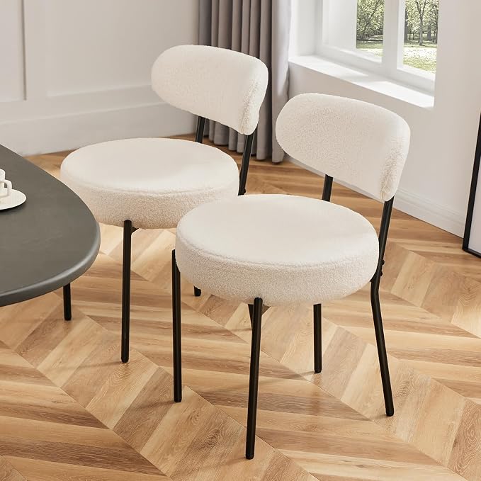 Sweetcrispy Dining Chairs Set of 2, Boucle Upholstered Modern Mid Century Round Kitchen Chairs with Curved Backrest & Metal Legs for Vanity, Living Room - Beige