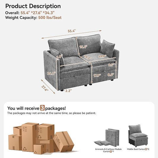 55" Cloud Modular Loveseat Sofa with Storage, Modern Upholstered Sofa Couch Small Love Seat, 2 Seater Chenille Comfy Sectional Sofa with Armrests for Living Room, Small Space, Light Grey