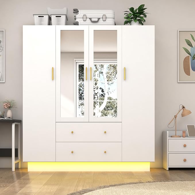jiteentarou 4 Door Wardrobe Closet with Mirrors and LED Lights, Bedroom Armoire with Drawers and Shelves, Modern Wooden Armoire Wardrobe Closet with Hanging Rod for Bedroom, White