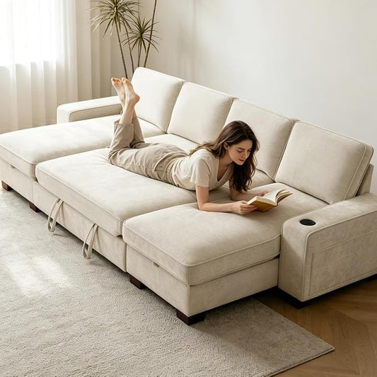 129" Convertible Sleeper Sofa Bed,L Shaped with Storage Chaise Pull Out Couch for Living Room,USB and Type-C,Removable Washable Chenille Covers (Beige)