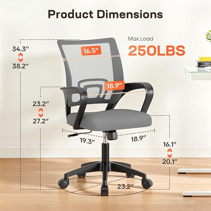 BestOffice | Ergonomic Office Chair | Mid-Back Swivel Desk Chair | Breathable Backrest & Lumbar Support | Adjustable Height | Sponge Seat | Rolling Wheels | Grey | for Adults & Women