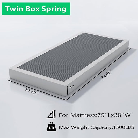 Vaciwe Box Springs Twin 4 Inch, 1500lbs Heavy Duty Metal Frame Mattress Foundation, Non-Slip/No Noise/Easy Assembly/Easy Clean Cover