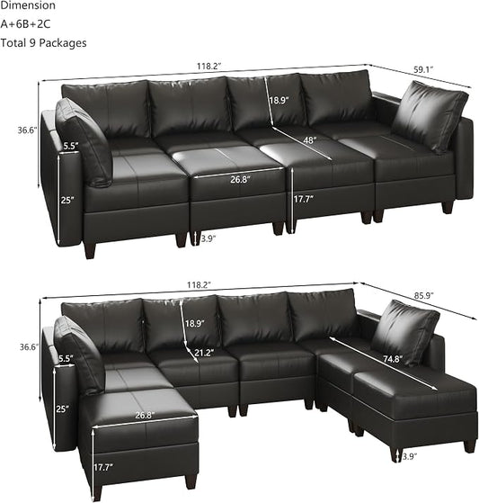 EASE MOOSE Modular Sofa Sectional Couch with Storage Ottomans,Black Faux Leather Sectional Sofa U Shaped Sofa Modular Sectional Sofa Couch