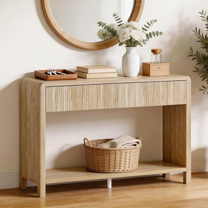 FATORRI Console Table for Entryway Storage, 47.2 inch Wood Sofa Tables for Living Room, Couch Table with 2 Drawers for Hallway, Light Walnut