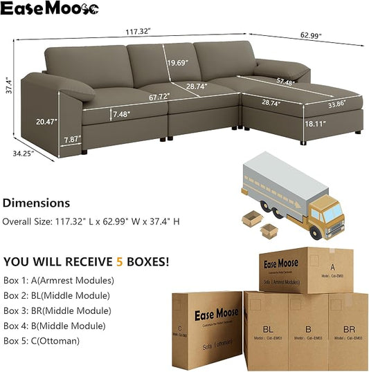 EASE MOOSE Leather Sectional Couch, Oversized Modular Sectional Sofas, Wide Deep Seat Modular Couch, Scratch Resistant Faux Leather Material, L Shaped Sofa for Big Spaces,Light Grey