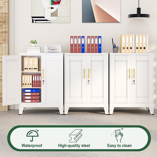 White Metal Storage Cabinet, 36" Tall Locking Storage Cabinet with 2 Adjustable Shelves, Steel Locker Organizer, for Office, Home, School, 11.81" D x 23.62" W x 35.83" H