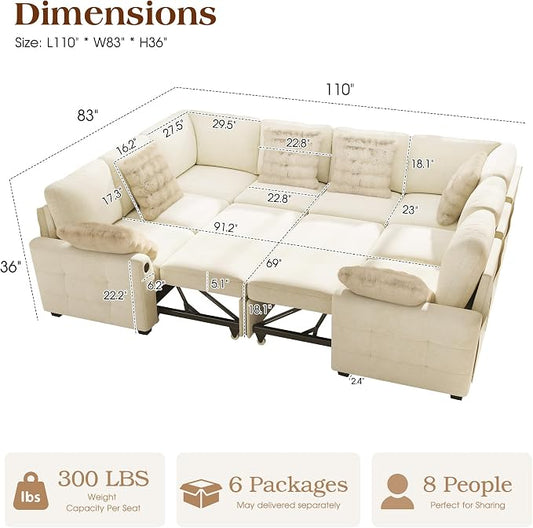 Ihanherry Large U-Shaped Sectional Sofa Bed, 8-Seater Convertible Sleeper with Storage Ottoman & 6 Pillows, USB Charging Ports, Premium Chenille Fabric for Big Living Room, Family Theater(Beige)