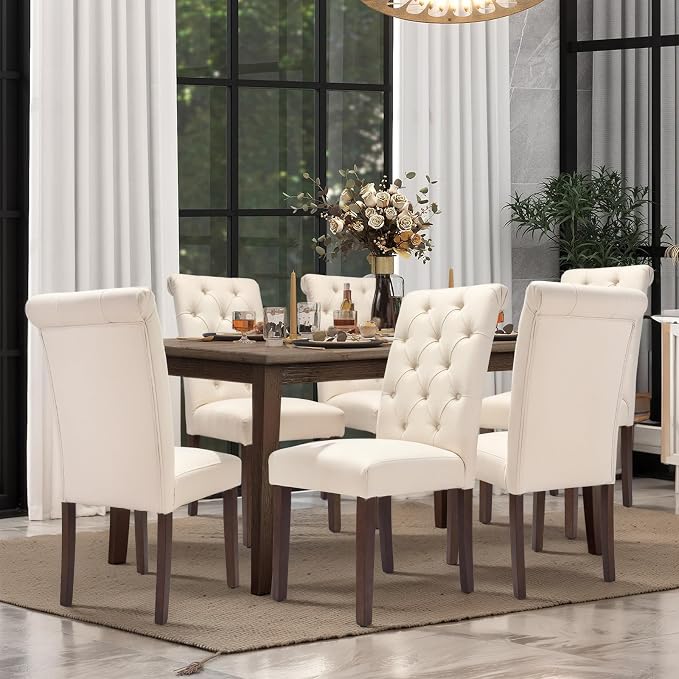 COLAMY Tufted Dining Chairs Set of 2, Accent Parsons Diner Chair Upholstered Fabric Stylish Kitchen Chairs with Solid Wood Legs and Padded Seat, Beige