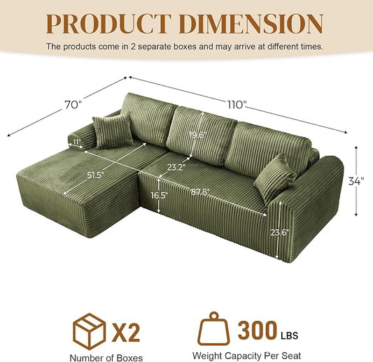110" L Shaped Boneless Sectional Couches for Living Room, Comfy Corduroy Floor Cloud Sofa with Chaise, Wide Armrest, Deep Seat, Memory Foam, Assembly Free, Ideal for Small Spaces, Green