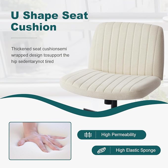 OLIXIS Criss Cross Legged Chairs Armless No Wheels Wide Seat Height Adjustable Swivel Padded Fabric Home Office Desk Chair for Bedroom, Student, Study Room,Beige