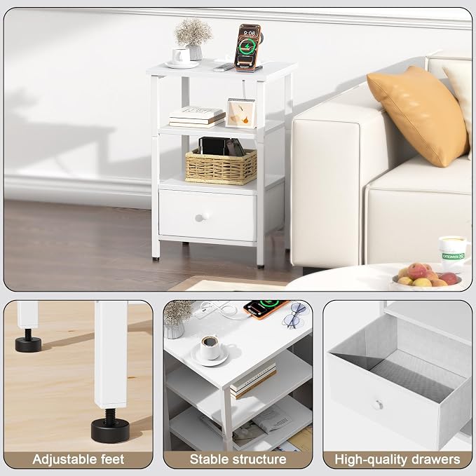 Side Table with Charging Station, Nightstand with Adjustable Fabric Drawer, Bedside Table for Bedrooms, Living Rooms & Home Decor (White)