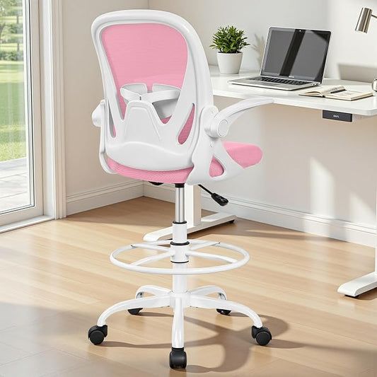 Primy Drafting Chair Tall Office Chair with Flip-up Armrests Executive Ergonomic Computer Standing Desk Chair with Lumbar Support and Adjustable Footrest Ring (Pink)