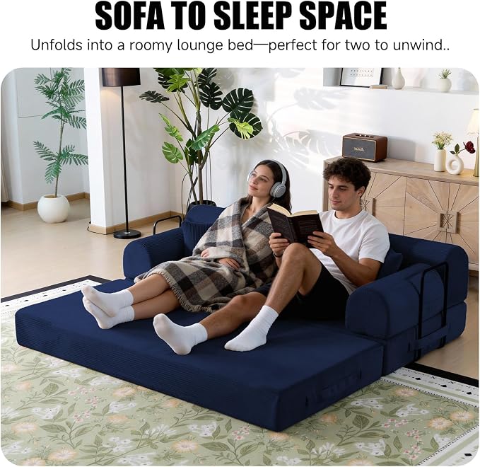78.8" Boneless Memory Foam Couch, Corduroy Convertible Floor Sofa Bed, Fold-Out Sleeper Futon Loveseat, Wide Armrests & Supportive Back, 1200 lb, Couch in a Box, 2 Pillows, Dark Blue