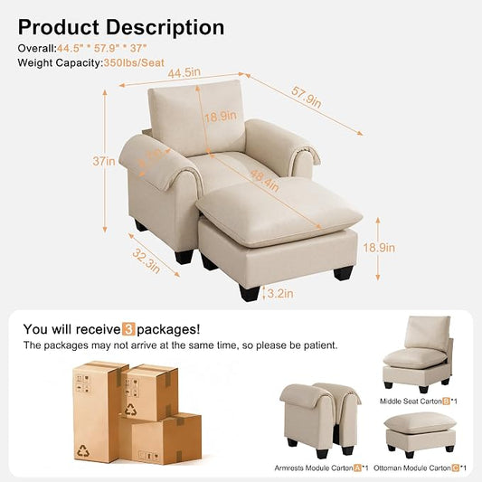 44.5" Faux Leather Single Sofa with Movable Ottoman, Oversized Accent Chair with Curved Armrests, Cloud Modern Sofa Upholstered Reading Lounge Armchair for Living Room, Bedroom,Beige